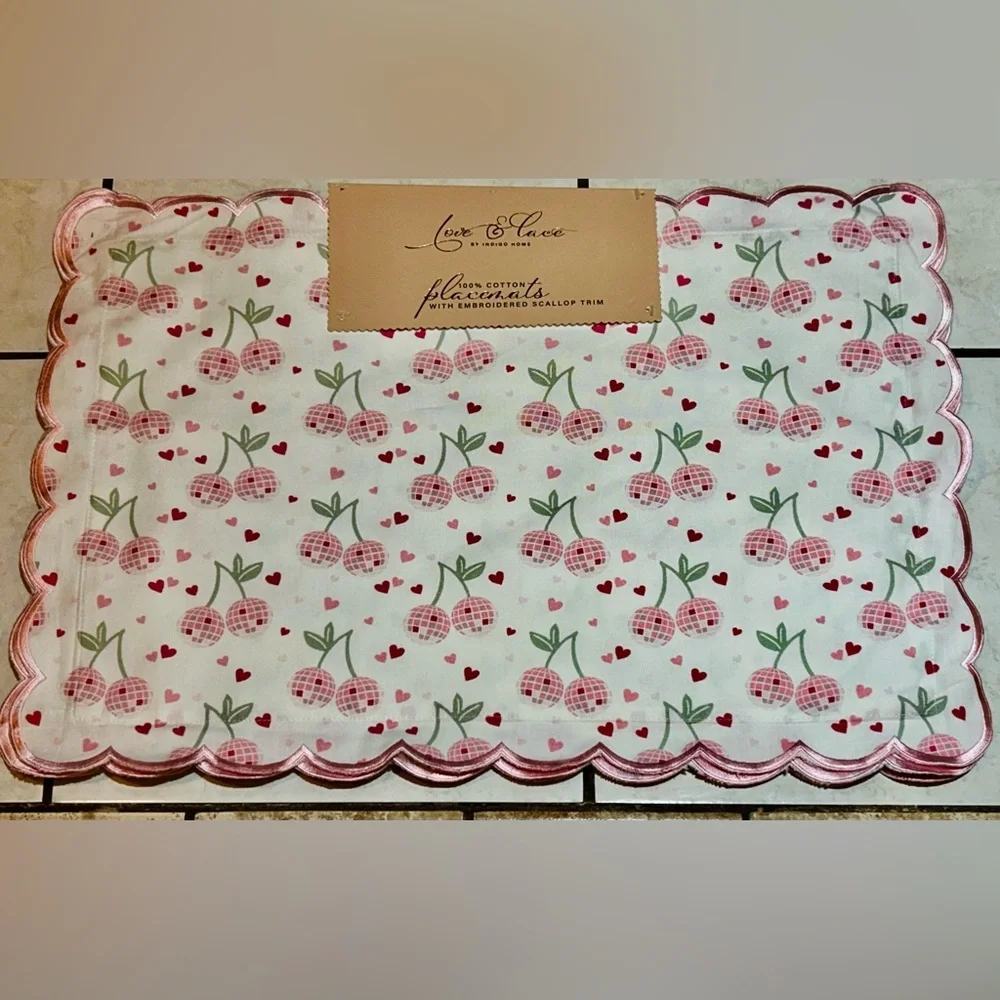 SET OF 4 CHERRY DISCO BALL PLACEMENTS NWTS MADE BY LOVE & LACE BY INDIGO HOME.